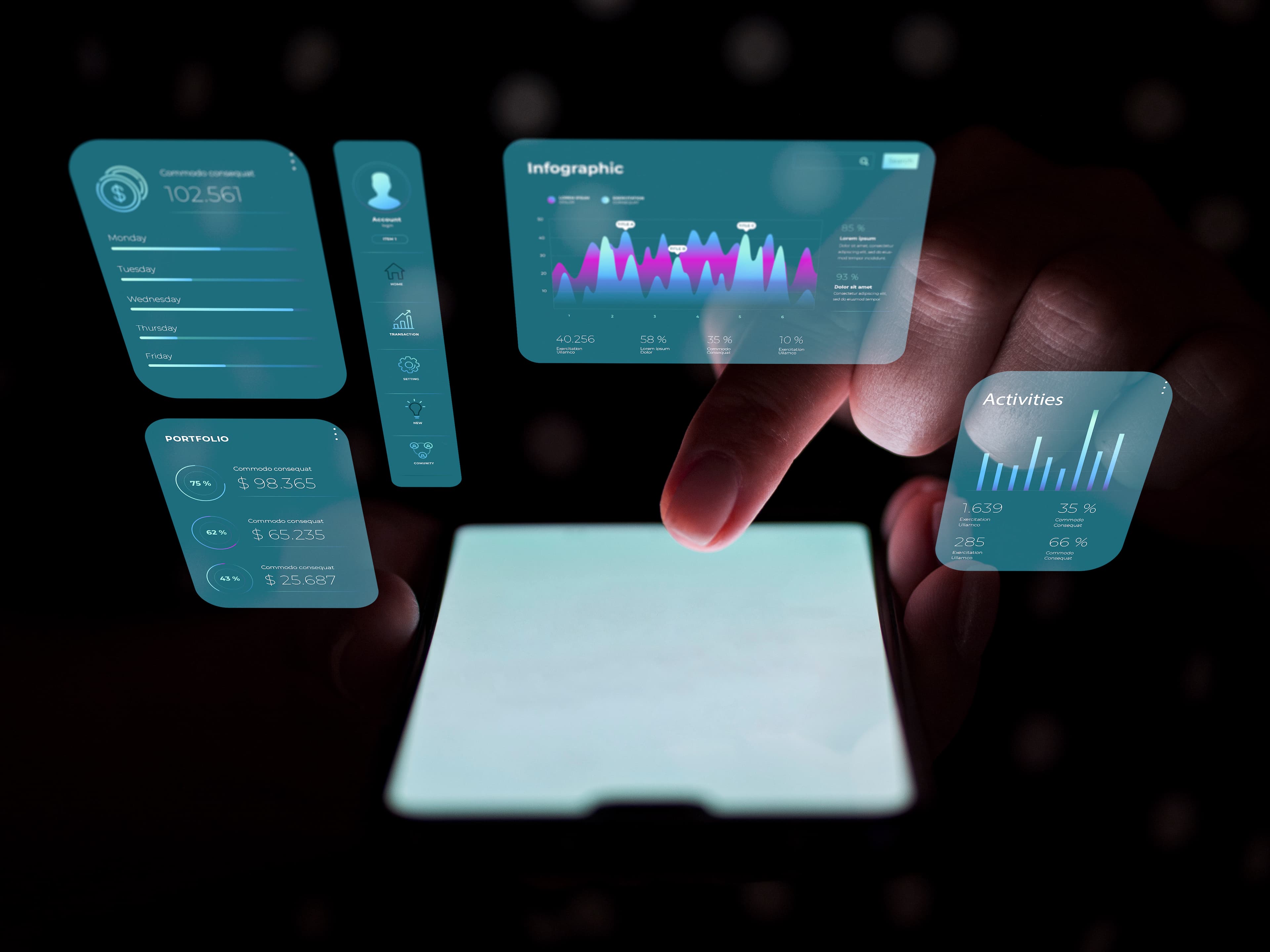 Pessoa utilizando um smartphone com diversos hologramas de interface de usuário projetados no ar, exibindo gráficos, dados financeiros e atividades, representando o conceito de desenvolvimento de aplicativos móveis e tecnologia avançada.