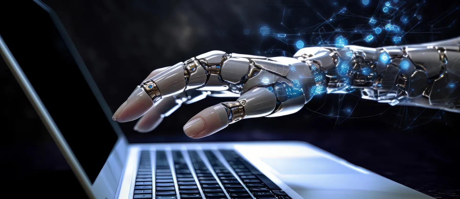 Mão robótica digitando em notebook, representando ataque de prompt injection e riscos de segurança em IA generativa