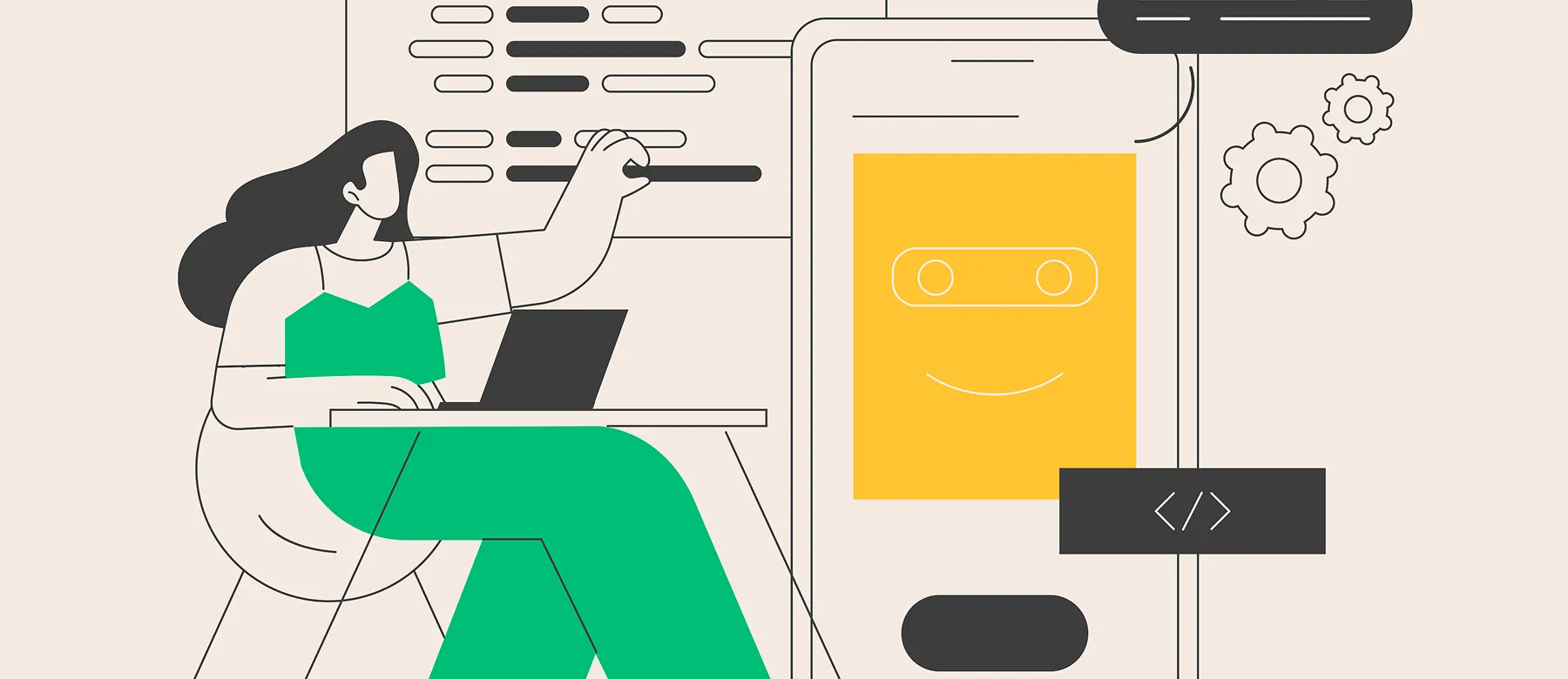 Ilustração de UX Writing mostrando uma profissional interagindo com interface digital e chatbot em um aplicativo, representando a criação de textos para melhorar a experiência do usuário.